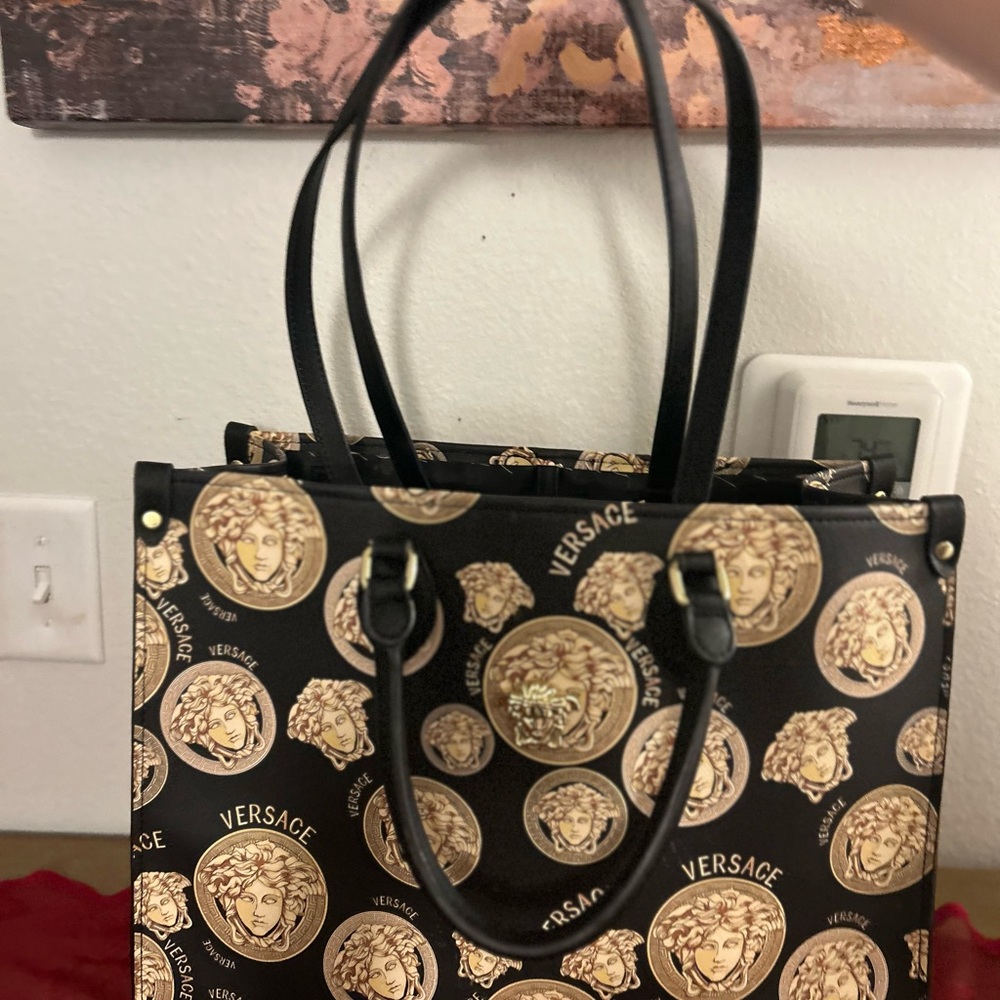 Versace Black Tote with Gold Medusa Pattern
